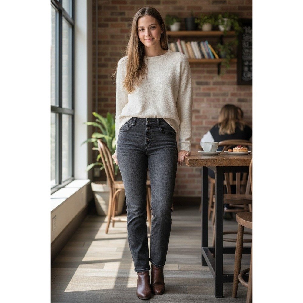 Judy Blue Womens High Waist Button Fly Straight Leg Jeans Washed Black Size‎ M